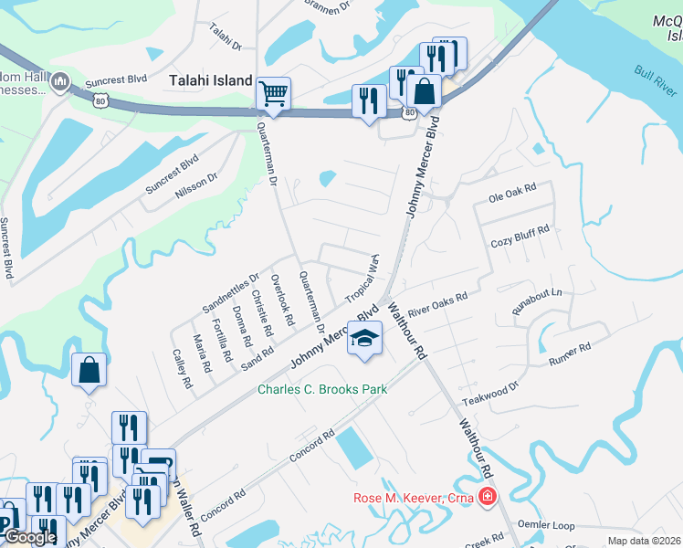 map of restaurants, bars, coffee shops, grocery stores, and more near 7203 Golden Isles Way in Savannah