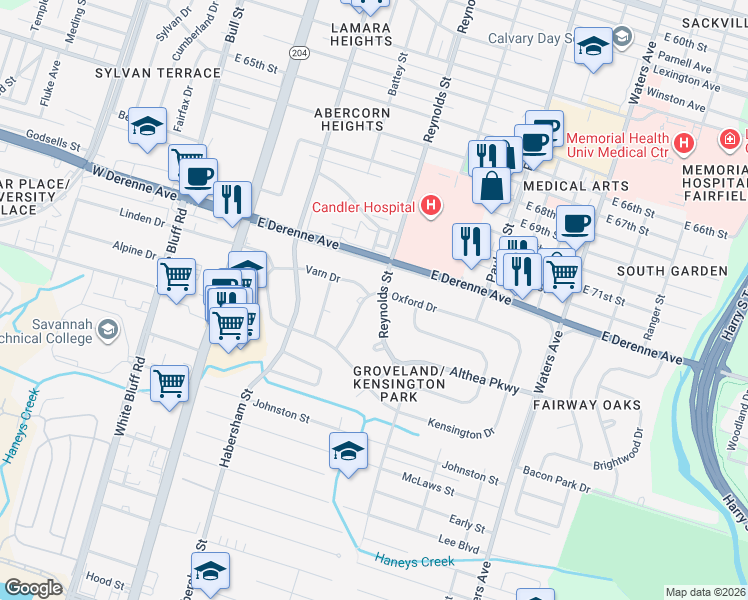 map of restaurants, bars, coffee shops, grocery stores, and more near 301 Oxford Drive in Savannah