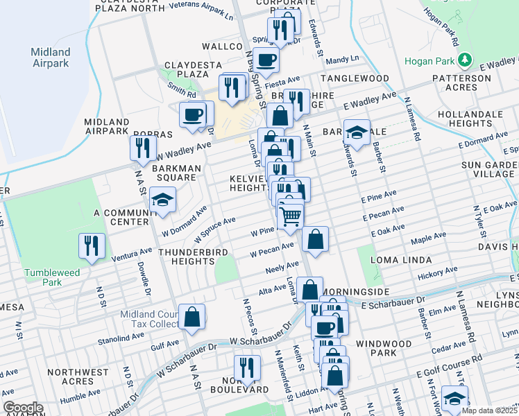 map of restaurants, bars, coffee shops, grocery stores, and more near 404 West Spruce Avenue in Midland