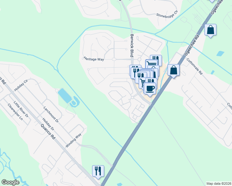 map of restaurants, bars, coffee shops, grocery stores, and more near 2517 Fenwick Village Drive in Savannah
