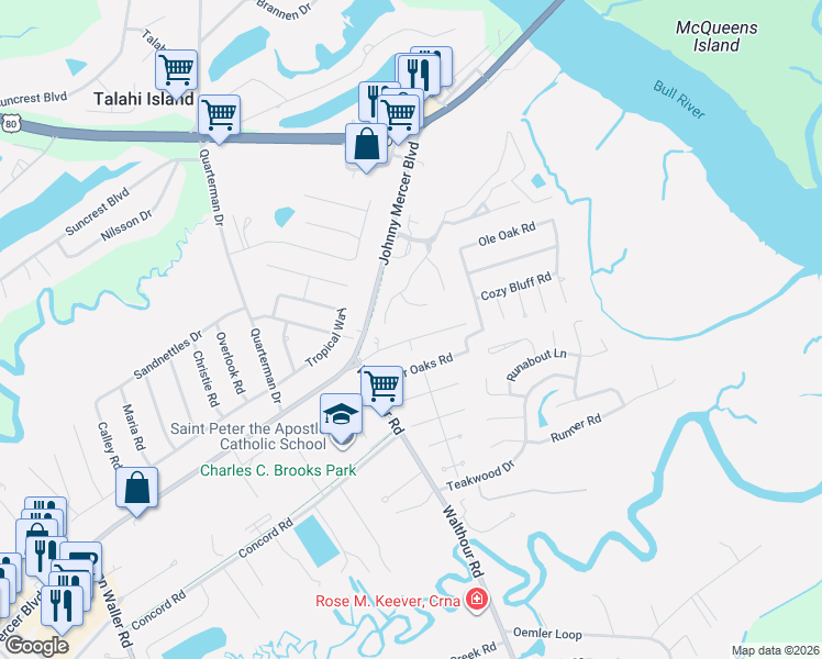 map of restaurants, bars, coffee shops, grocery stores, and more near 7408 Mayer Avenue in Savannah