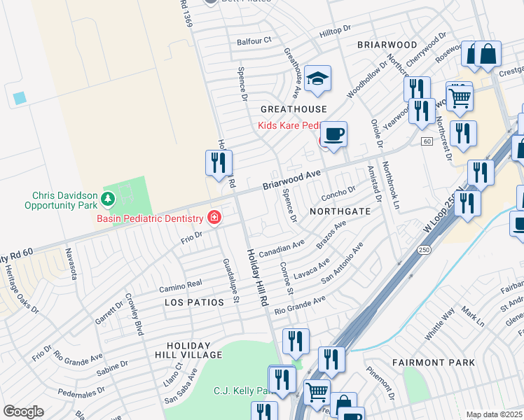 map of restaurants, bars, coffee shops, grocery stores, and more near 5311 Briarwood Avenue in Midland