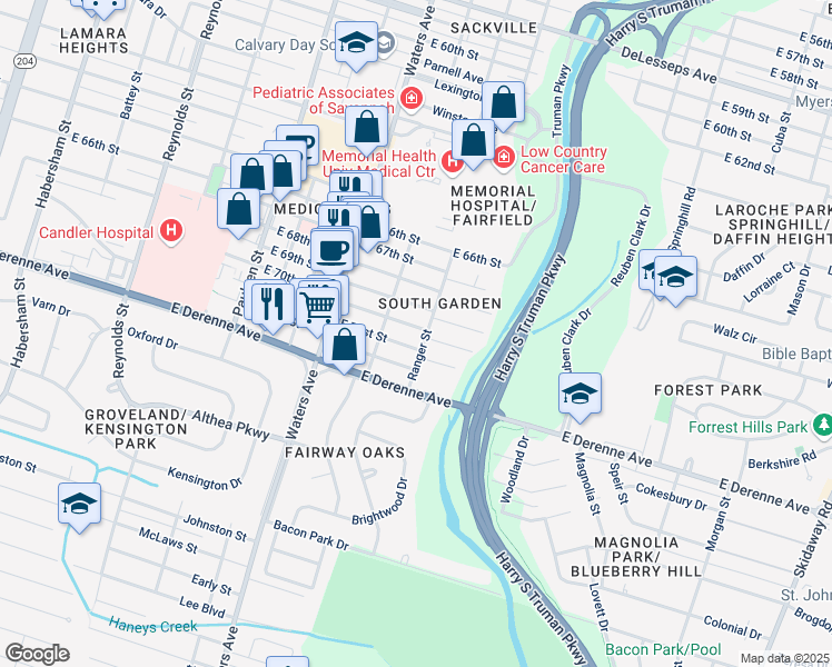map of restaurants, bars, coffee shops, grocery stores, and more near 1223 East 70th Street in Savannah