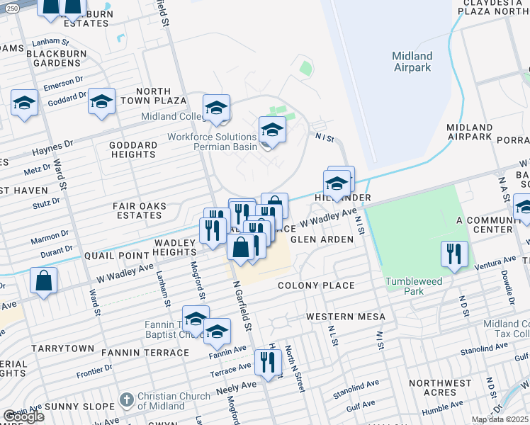 map of restaurants, bars, coffee shops, grocery stores, and more near 2100 West Wadley Avenue in Midland