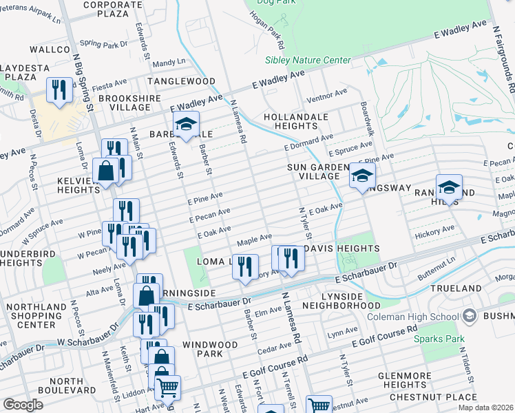 map of restaurants, bars, coffee shops, grocery stores, and more near 424 East Pecan Avenue in Midland