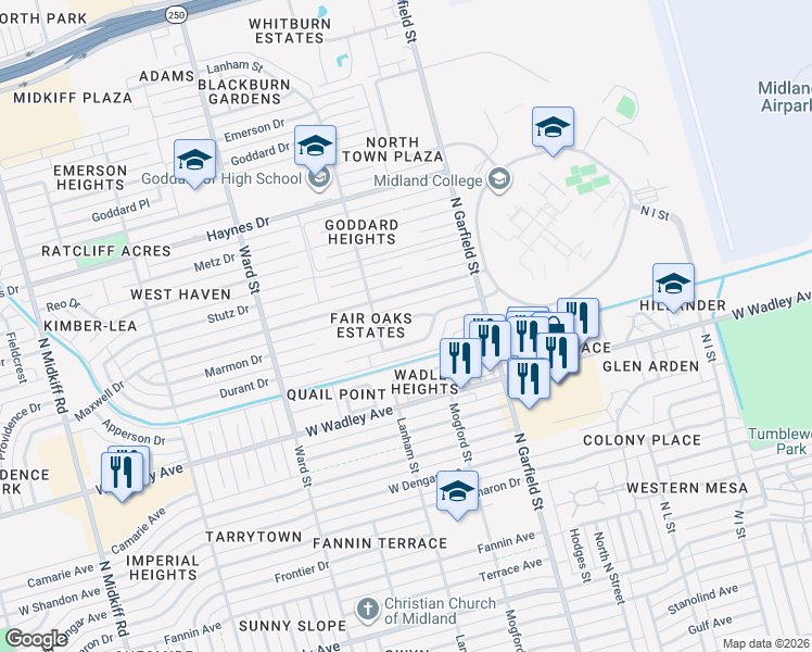 map of restaurants, bars, coffee shops, grocery stores, and more near 2406 Culpeper Dr in Midland