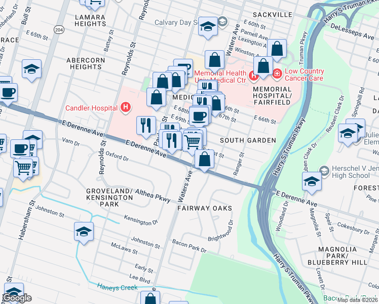 map of restaurants, bars, coffee shops, grocery stores, and more near in Savannah