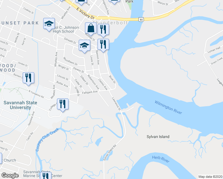 map of restaurants, bars, coffee shops, grocery stores, and more near Bannon Dr & Falligant Ave in Thunderbolt