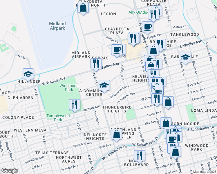 map of restaurants, bars, coffee shops, grocery stores, and more near 35 Lafayette Place in Midland