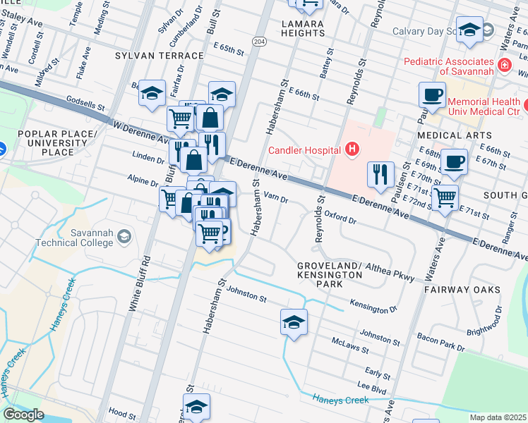 map of restaurants, bars, coffee shops, grocery stores, and more near 5529 Camelot Drive in Savannah