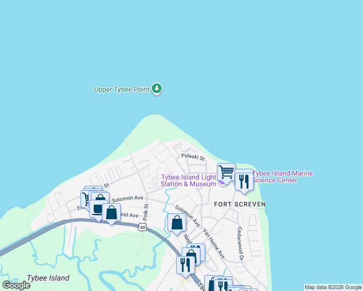 map of restaurants, bars, coffee shops, grocery stores, and more near 85 Van Horne Avenue in Tybee Island