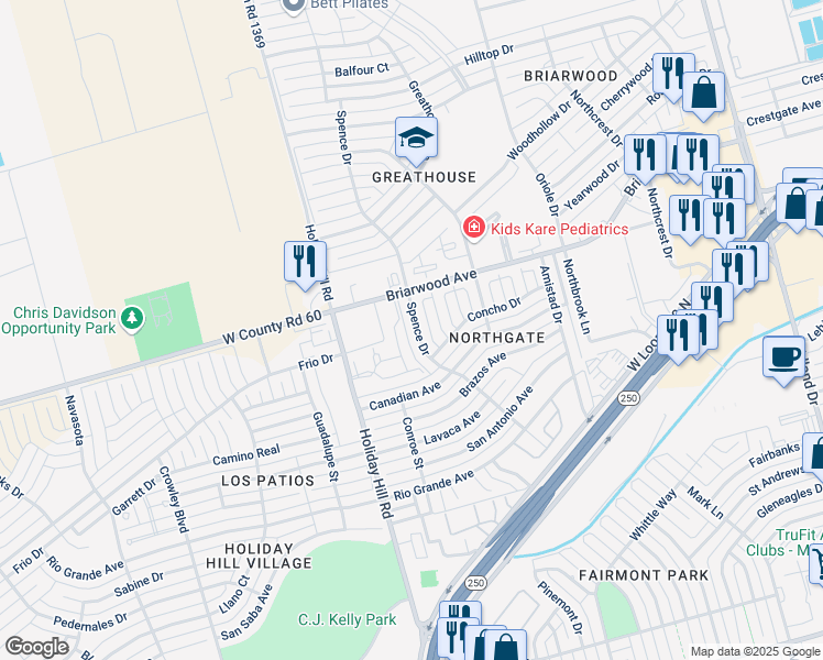 map of restaurants, bars, coffee shops, grocery stores, and more near 4402 Spence Dr in Midland