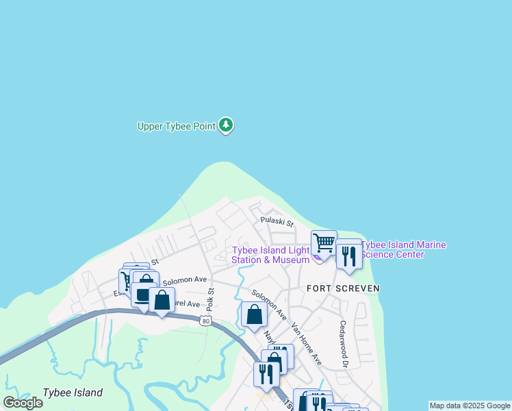 map of restaurants, bars, coffee shops, grocery stores, and more near 85 Van Horne Avenue in Tybee Island