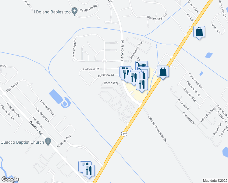 map of restaurants, bars, coffee shops, grocery stores, and more near 13 Reese Way in Savannah