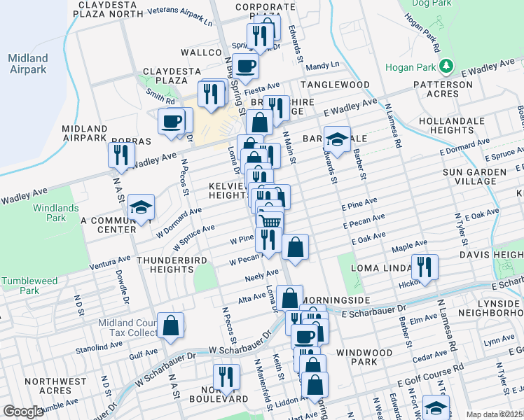 map of restaurants, bars, coffee shops, grocery stores, and more near 2811 North Big Spring Street in Midland