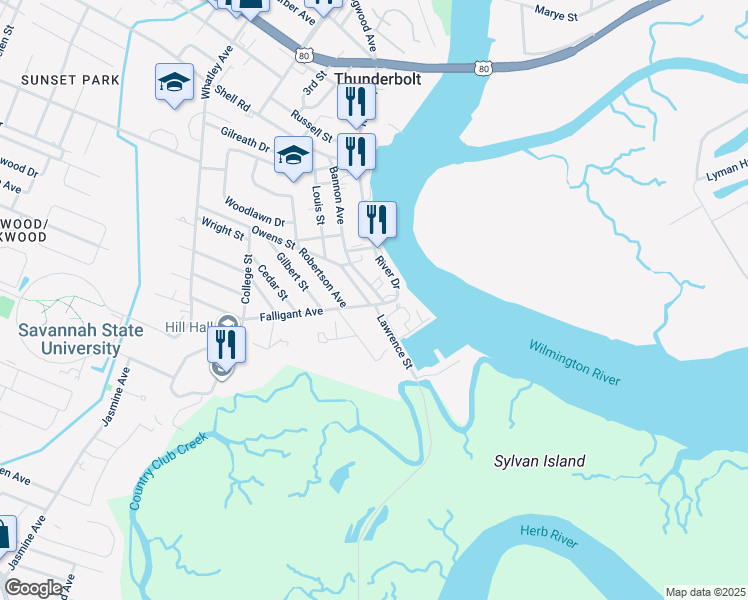 map of restaurants, bars, coffee shops, grocery stores, and more near 3312 Falligant Avenue in Thunderbolt