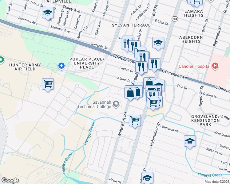 map of restaurants, bars, coffee shops, grocery stores, and more near 29 West 76th Street in Savannah