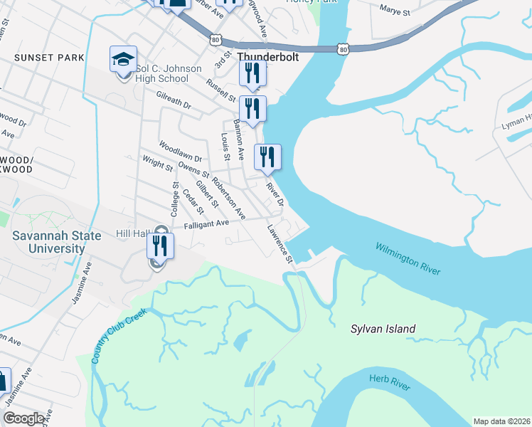 map of restaurants, bars, coffee shops, grocery stores, and more near 3312 Falligant Avenue in Thunderbolt