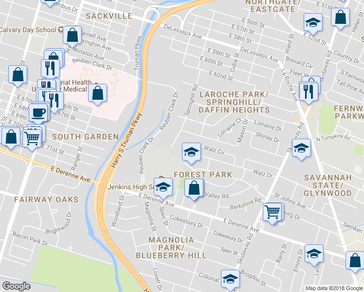 map of restaurants, bars, coffee shops, grocery stores, and more near 15 Blueridge Avenue in Savannah