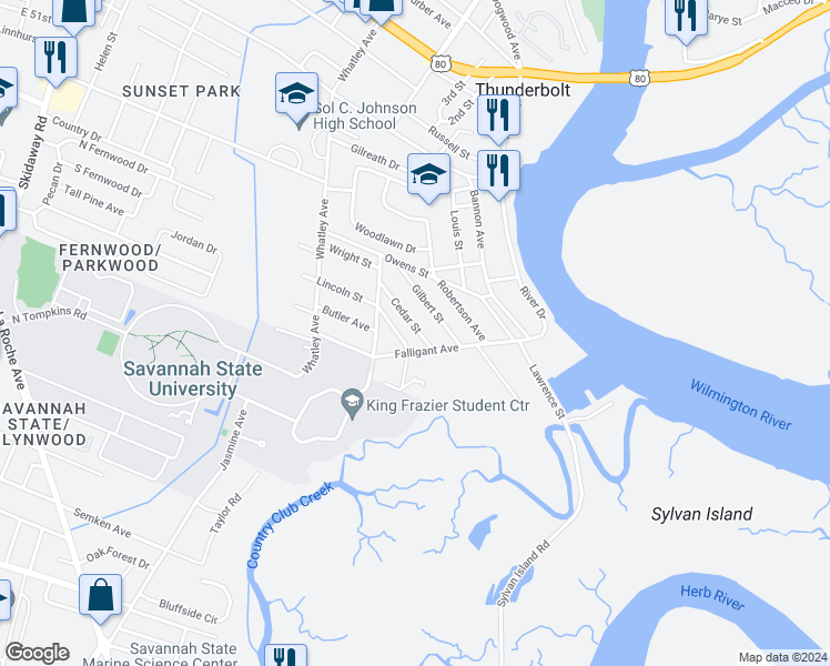 map of restaurants, bars, coffee shops, grocery stores, and more near 3223 Cedar Street in Savannah