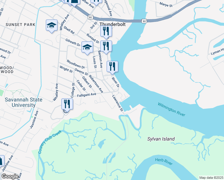 map of restaurants, bars, coffee shops, grocery stores, and more near 3312 Falligant Avenue in Thunderbolt