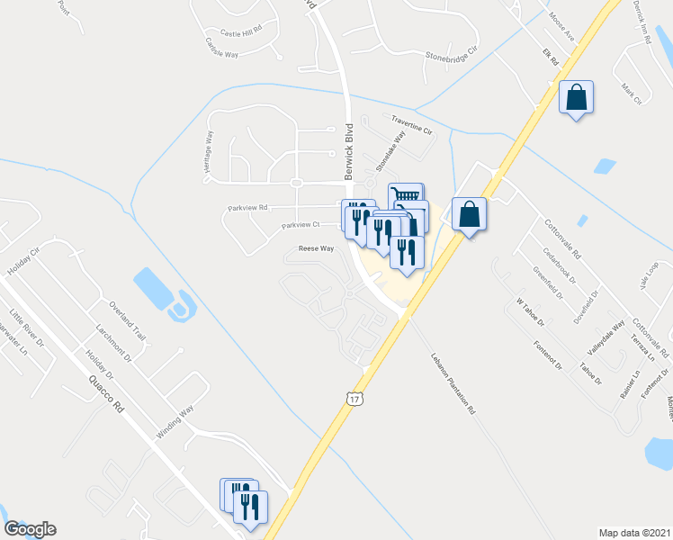 map of restaurants, bars, coffee shops, grocery stores, and more near 6 Reese Way in Savannah