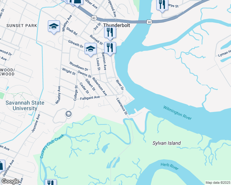 map of restaurants, bars, coffee shops, grocery stores, and more near 3312 Falligant Avenue in Thunderbolt