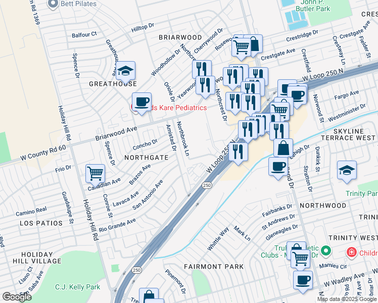 map of restaurants, bars, coffee shops, grocery stores, and more near 4805 Briarwood Avenue in Midland