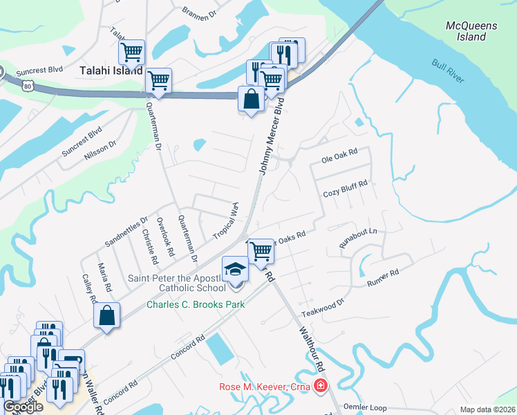 map of restaurants, bars, coffee shops, grocery stores, and more near 7306 Mayer Avenue in Savannah