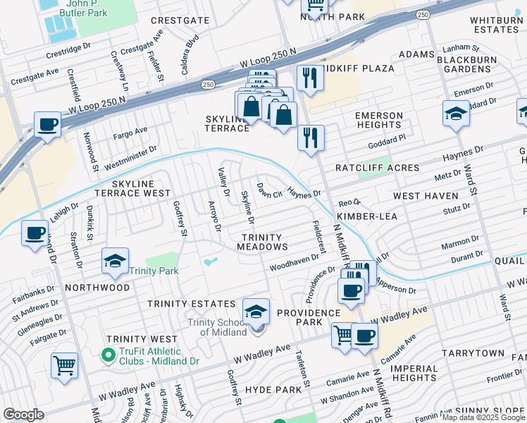 map of restaurants, bars, coffee shops, grocery stores, and more near 3504 Trinity Meadows Drive in Midland