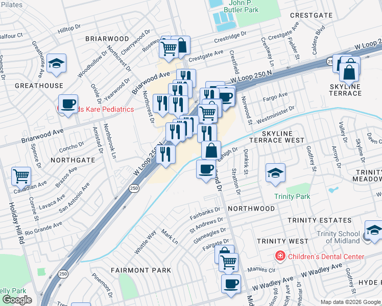 map of restaurants, bars, coffee shops, grocery stores, and more near 4509 Navarro Drive in Midland