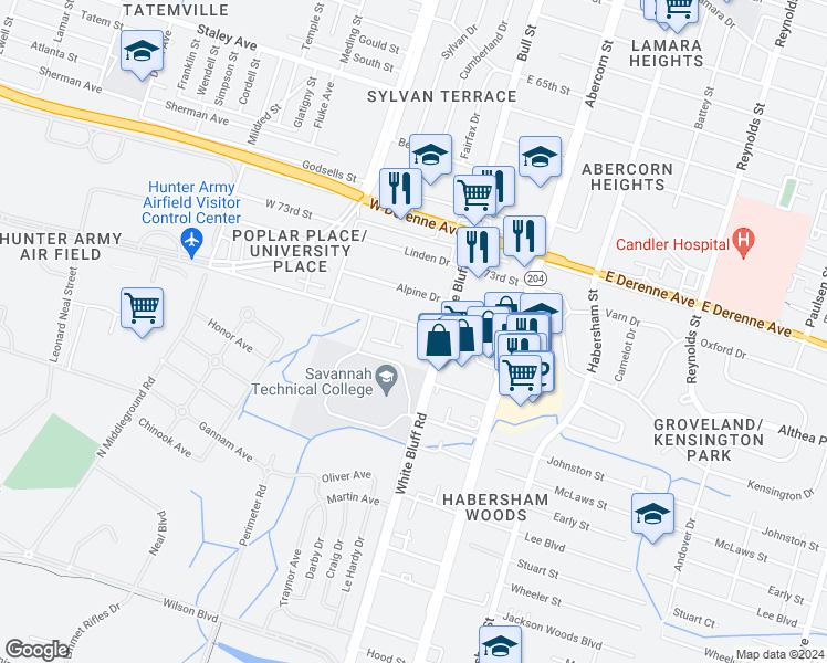 map of restaurants, bars, coffee shops, grocery stores, and more near 11 Hampstead Avenue in Savannah