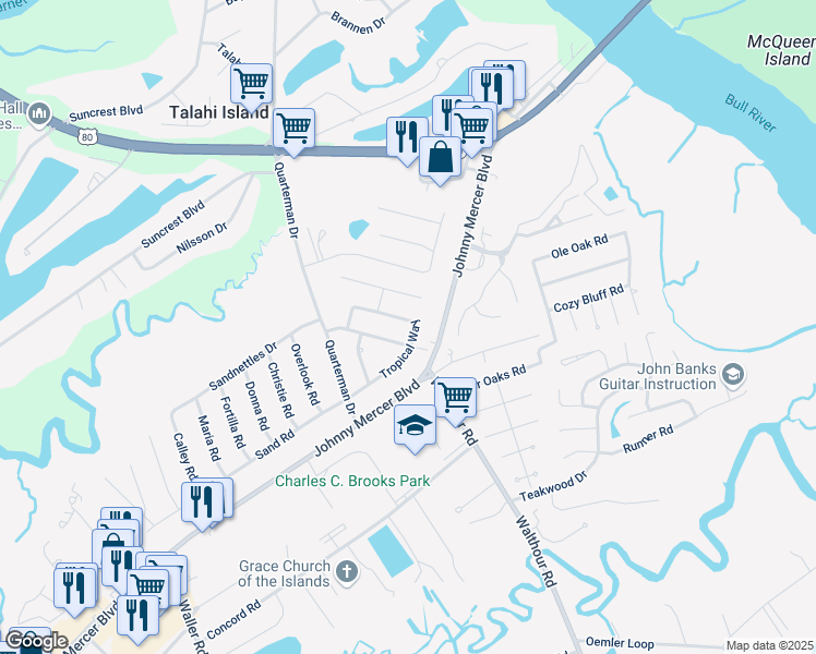 map of restaurants, bars, coffee shops, grocery stores, and more near 7215 Tropical Way in Savannah