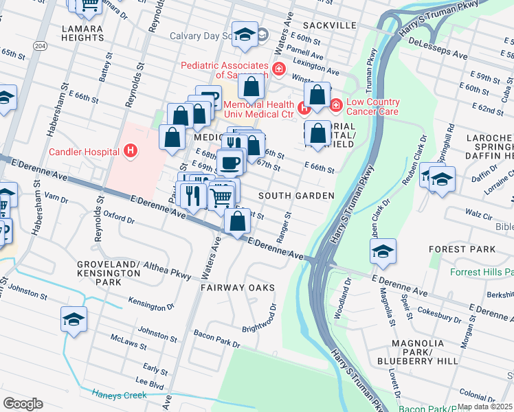 map of restaurants, bars, coffee shops, grocery stores, and more near 1114 East 72nd Street in Savannah