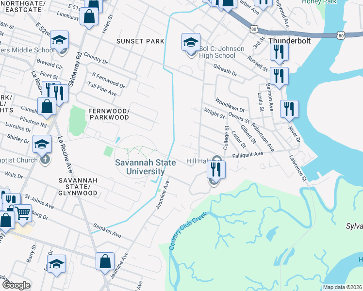 map of restaurants, bars, coffee shops, grocery stores, and more near North Tompkins Road in Thunderbolt