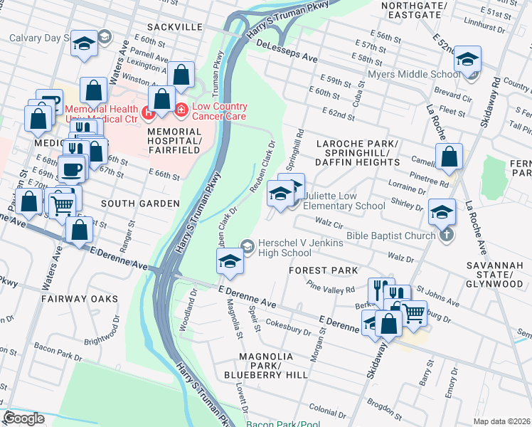 map of restaurants, bars, coffee shops, grocery stores, and more near 15 Blueridge Avenue in Savannah