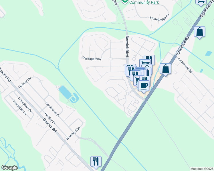 map of restaurants, bars, coffee shops, grocery stores, and more near 2517 Fenwick Village Drive in Savannah