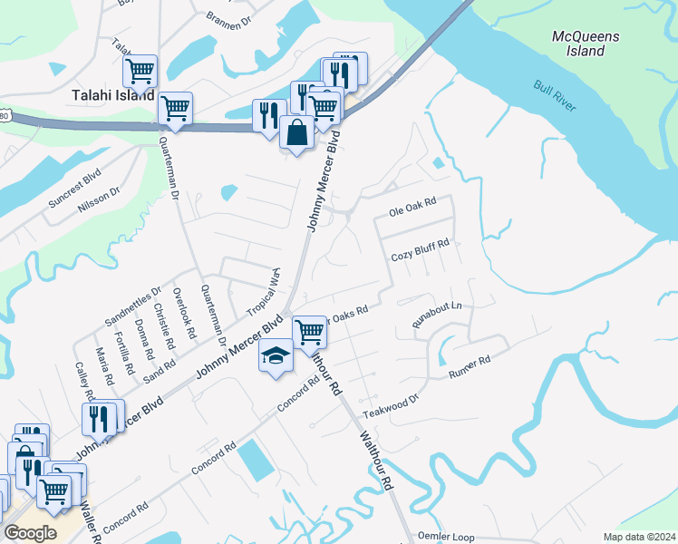 map of restaurants, bars, coffee shops, grocery stores, and more near 103 Tabby Lane in Savannah