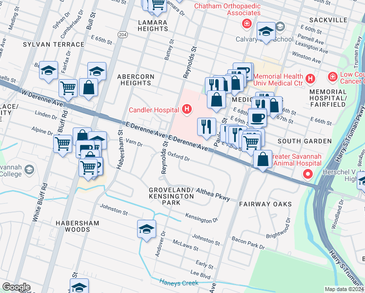 map of restaurants, bars, coffee shops, grocery stores, and more near 311 East DeRenne Avenue in Savannah