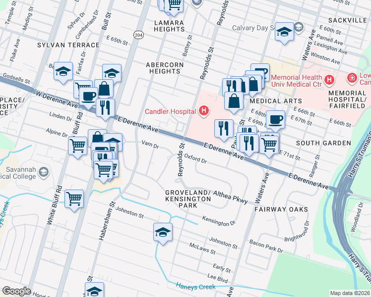 map of restaurants, bars, coffee shops, grocery stores, and more near 301 DeRenne Drive in Savannah