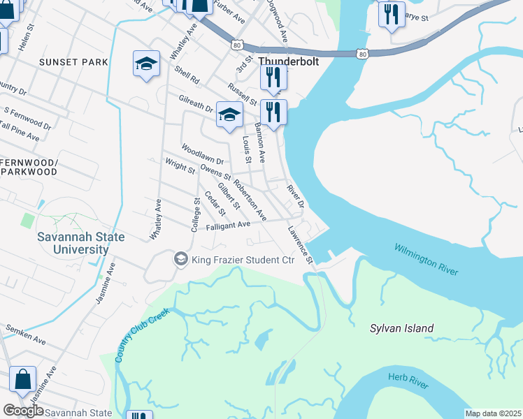 map of restaurants, bars, coffee shops, grocery stores, and more near 3134 Robertson Avenue in Thunderbolt