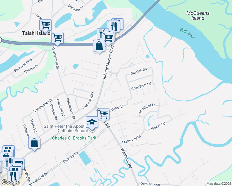 map of restaurants, bars, coffee shops, grocery stores, and more near 11 Tabby Lane in Wilmington Island