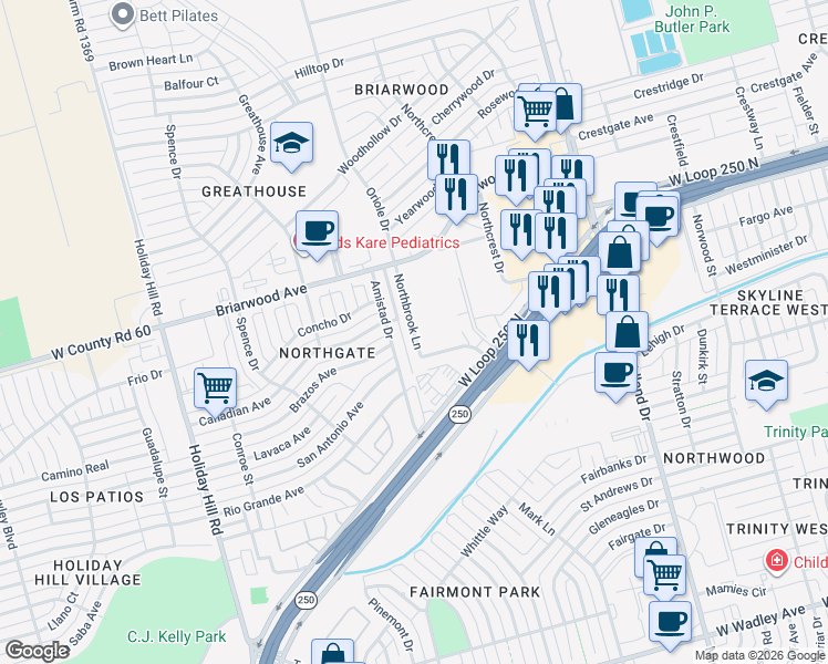 map of restaurants, bars, coffee shops, grocery stores, and more near Northbrook Lane in Midland