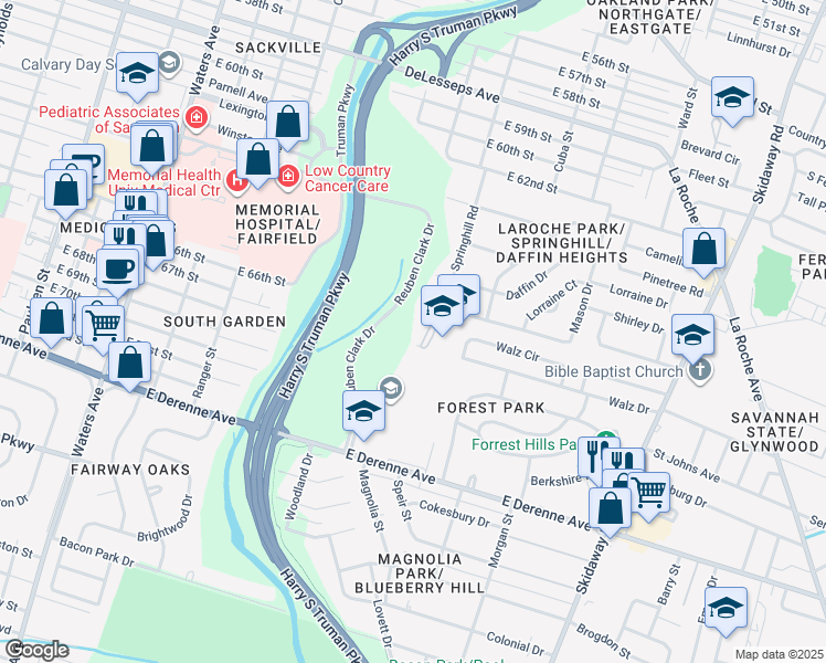 map of restaurants, bars, coffee shops, grocery stores, and more near 4801 Springhill Road in Savannah