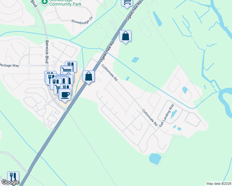 map of restaurants, bars, coffee shops, grocery stores, and more near 110 Cedarbrook Drive in Savannah