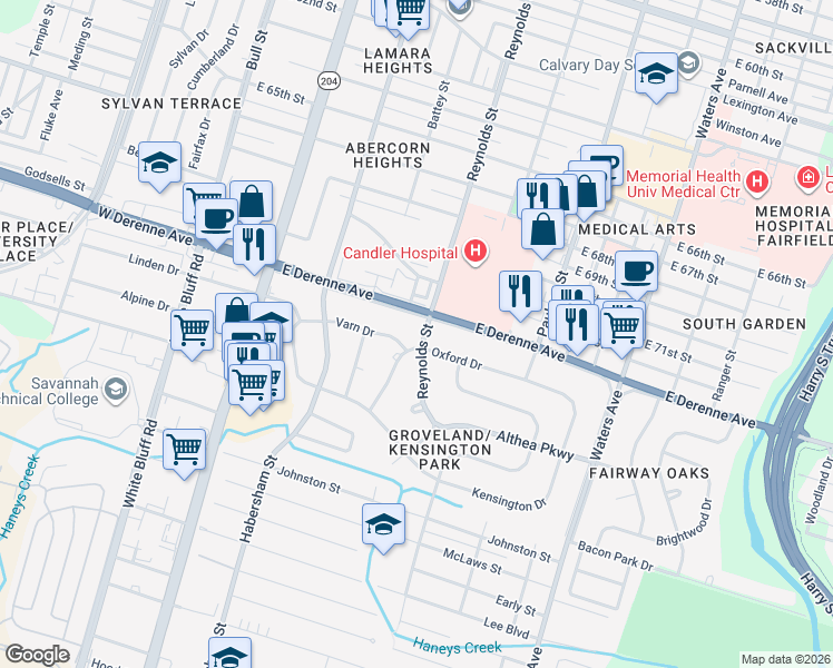 map of restaurants, bars, coffee shops, grocery stores, and more near 5405 Reynolds Street in Savannah