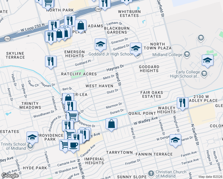 map of restaurants, bars, coffee shops, grocery stores, and more near 2813 Auburn Drive in Midland
