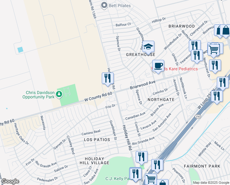 map of restaurants, bars, coffee shops, grocery stores, and more near 4599 Farm Road 1369 in Midland