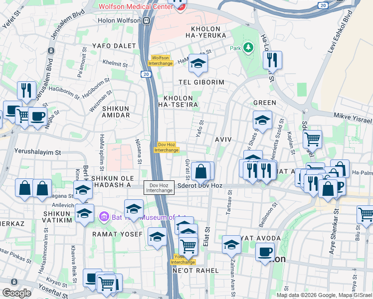 map of restaurants, bars, coffee shops, grocery stores, and more near Giv'ati Street in Holon