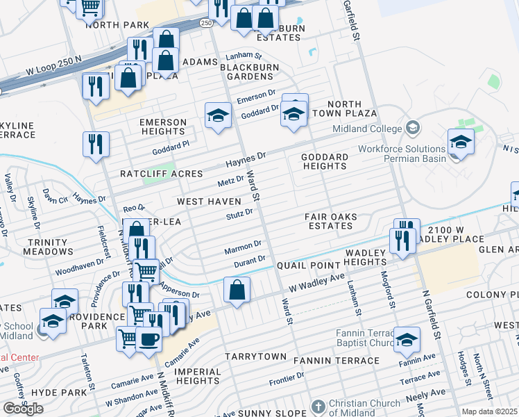 map of restaurants, bars, coffee shops, grocery stores, and more near 3801 Ward Street in Midland